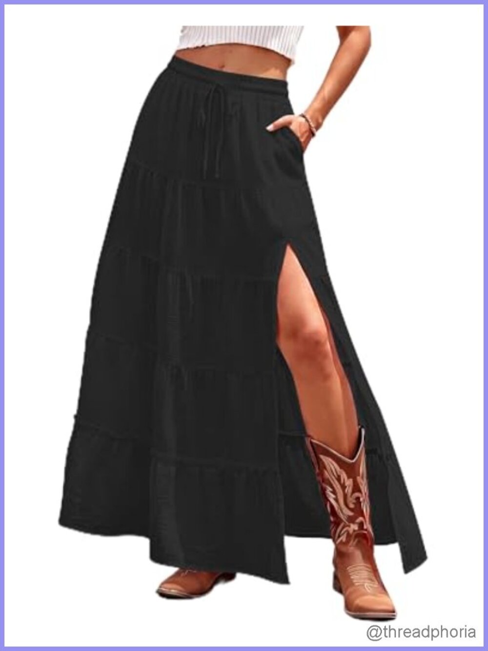 Boho Maxi Skirt High Slit Tiered Ruffle A-Line Flowy Long Skirt with Pockets